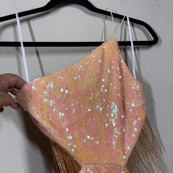 Hello Molly 4 Crystal Ball Sequin Mini Sheath Dress Peach Cut Out One Shoulder - Picture 5 of 11